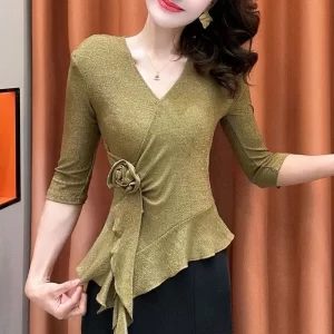 Women Clothing T-Shirt Irregular SlimTops New Style V-neck Bright Silk Fashion Simplicity Trend Temperament All-match Pullover
