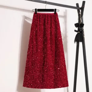 Fashion Casual Elastic Waist Sequin Women Midi Skirt Lothing Solid Color New Style A-line Skirt Simplicity Young Style Withsli