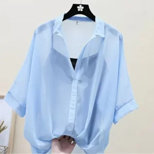 Women Shirts Loose Fashion Turn-down Collar Chiffon Sling Two-piece Set Temperament Solid Color Batwing Sleeve Tops Short Sleeve