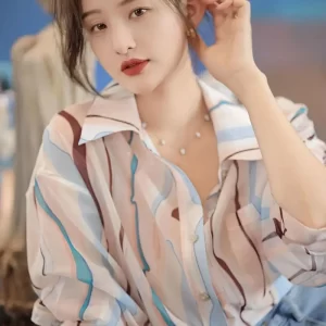 New Style Ladies Casual Fashion Simplicity Loose Printing Women Shirts Long Sleeve Business Casual Single Row Multiple Buttons